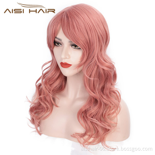 Aisi Hair Pink Lady Collection Heat Resistant Synthetic Fiber Wigs Long Curly Women Cosplay Wigs Long Wavy Wigs for Women
